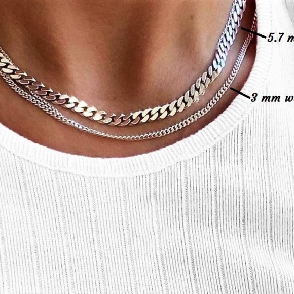 925 Sterling Silver Curb Chains, Set of 2 Layering Chains Stamped 925 ITALY - Picture 4 of 5